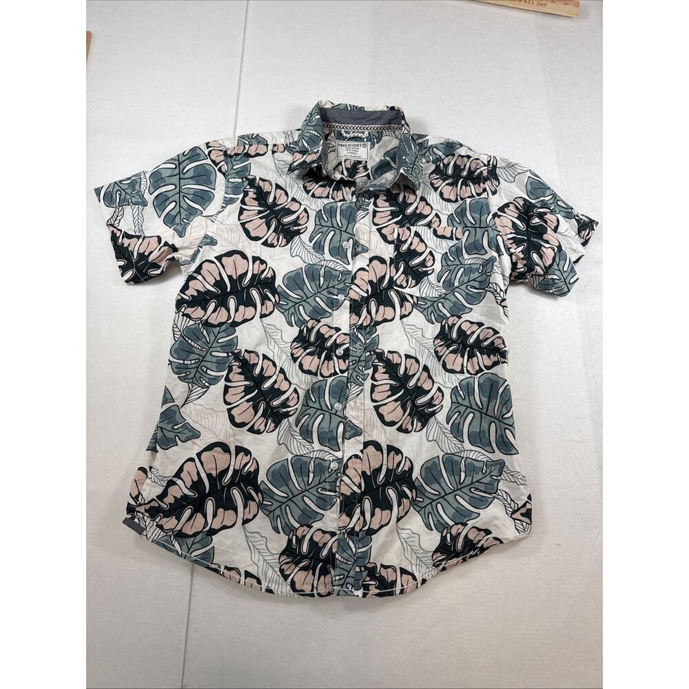 Mens Large Free Planet Monstera Leaves Tropical Hawaiian Button Down Shirt